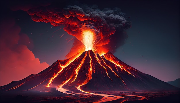 Free photo erupting mountain spews fiery ash into the sky generated by ai