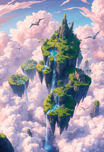 Fantasy landscape of floating islands illustration