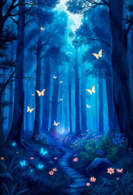 Fantasy landscape of magical forest illustration