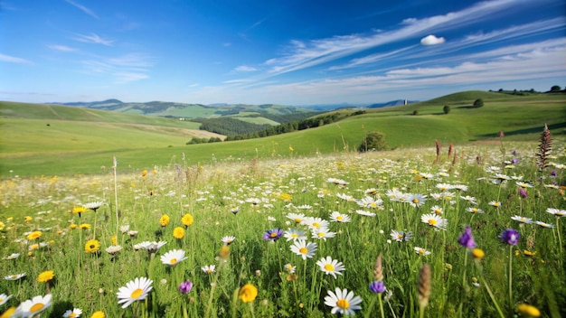 Free photo a field of wildflowers in bloom with rolling hills and a blue sky in the background