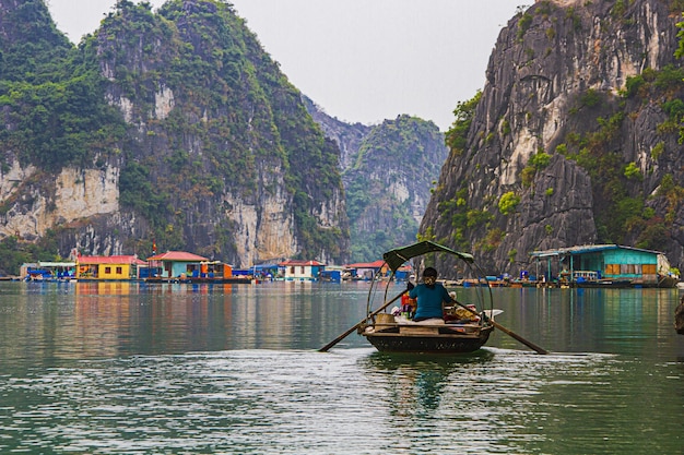 Free photo a fishing village in ha long bay in viet nam