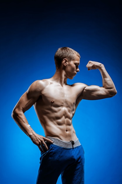 Free Photo fit young man with beautiful torso on blue wall