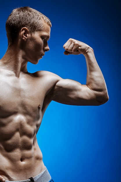 Free Photo fit young man with beautiful torso on blue wall