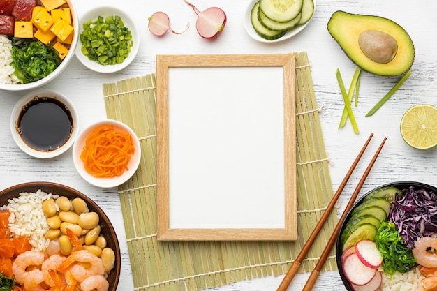 Free photo flat lay arrangement of hawaiian poke bowl