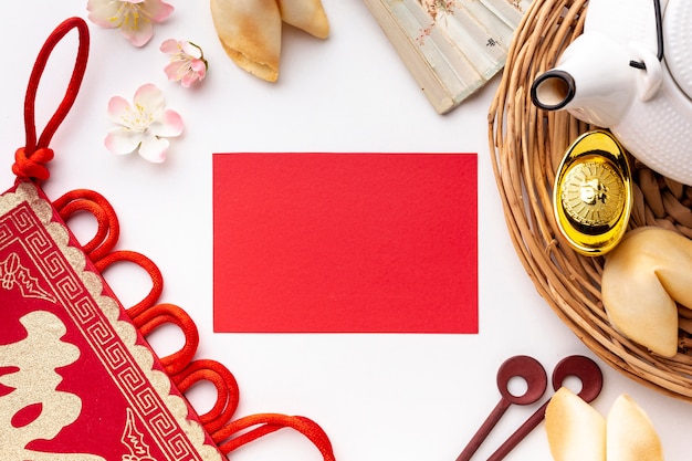 Free photo flat lay chinese new year card mock-up