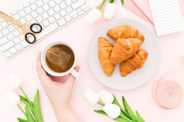 Free photo flat lay delicious croissant for breakfast