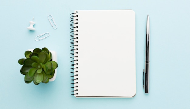 Flat lay desk items on blue background