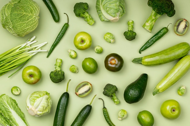 Free photo flat lay green vegetables and fruits
