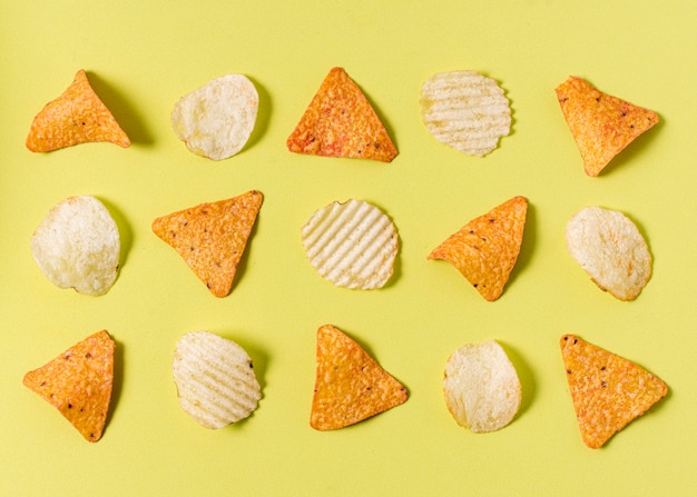 Free photo flat lay of nacho chips with potato chips