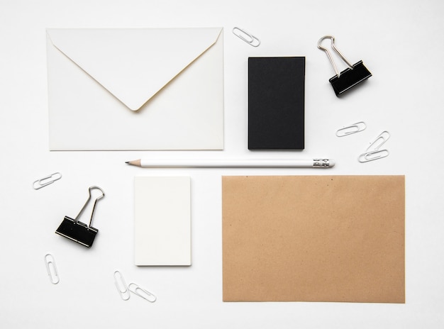 Free photo flat lay stationery items and business card