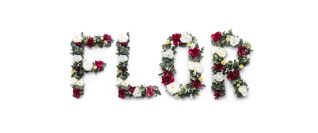 Free Photo flor word made of flowers on white