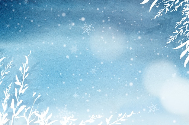 Free photo floral winter watercolor background in blue with beautiful snow