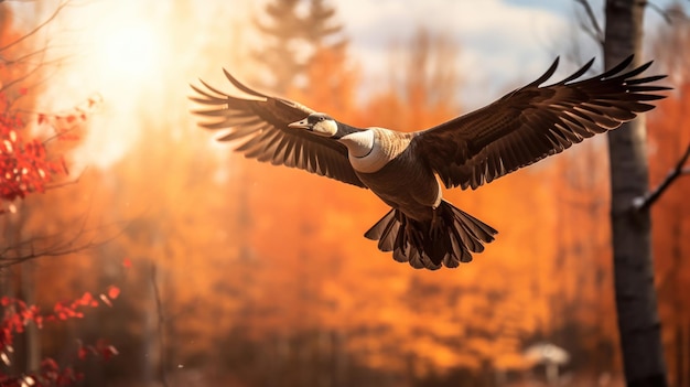 Free photo flying through a fall forest a canadian goose