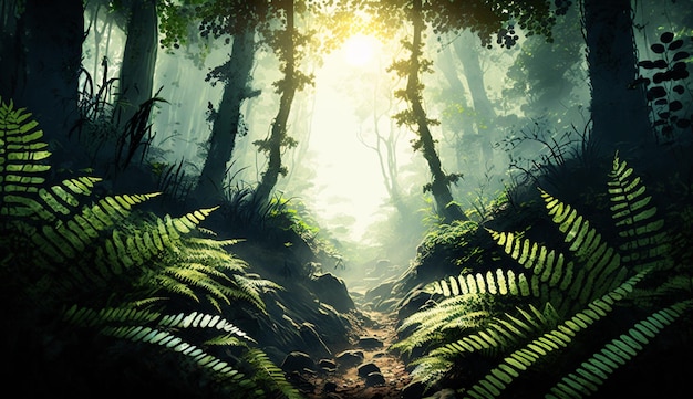 Free photo a forest path with ferns in the foreground