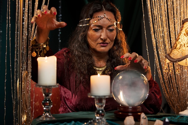 Free photo fortune teller sitting at table front view