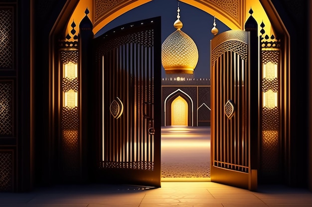 Free photo free photo ramadan kareem eid mubarak royal elegant lamp with mosque entry holy gate