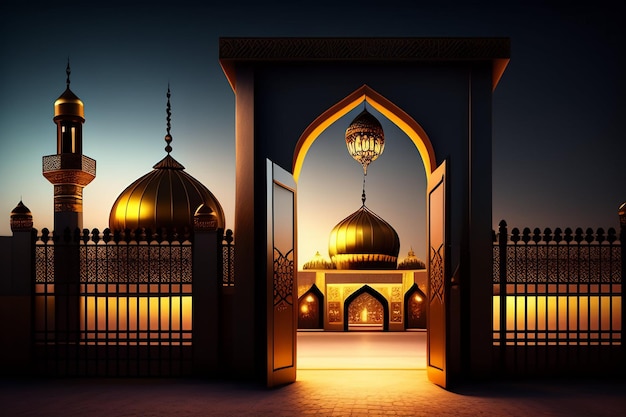 Free photo free photo ramadan kareem eid mubarak royal elegant lamp with mosque entry holy gate