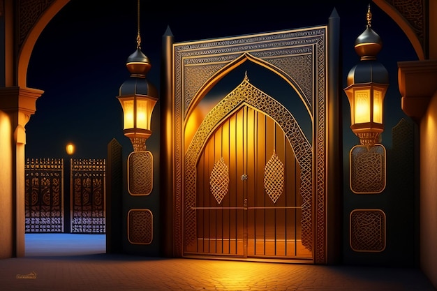 Free photo free photo ramadan kareem eid mubarak royal elegant lamp with mosque entry holy gate