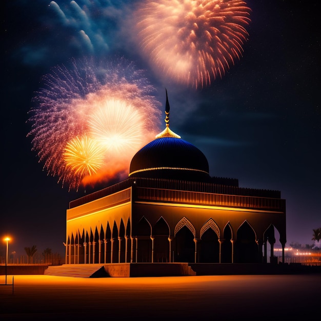 Free photo free photo ramadan kareem eid mubarak royal elegant lamp with mosque holy gate with fireworks