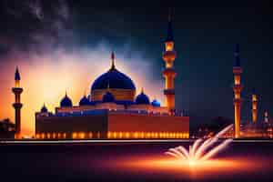 Free photo free photo ramadan kareem eid mubarak royal elegant lamp with mosque holy gate with fireworks