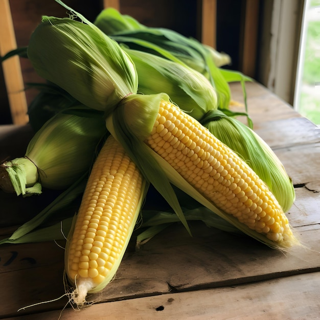 Free photo fresh corn on the cob on rustic wooden background selective focus