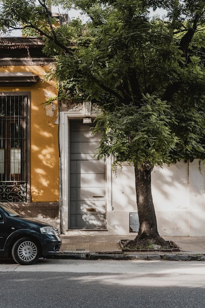 Free photo front view of city house with car and tree