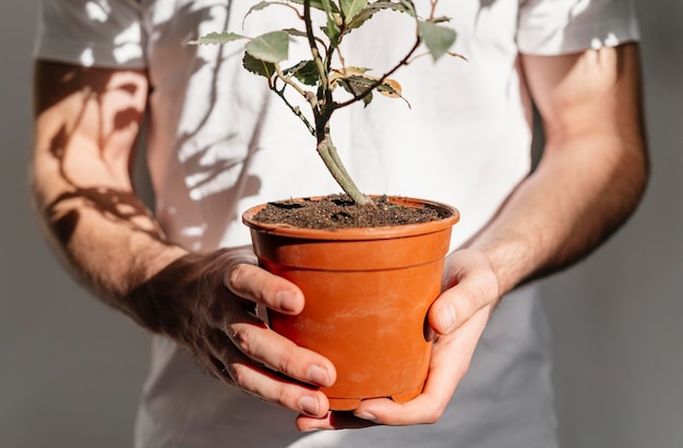 Free photo front view of man holding pot of plant