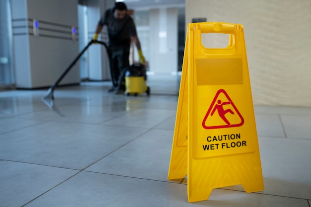 Free Photo full shot blurry man vacuuming floor