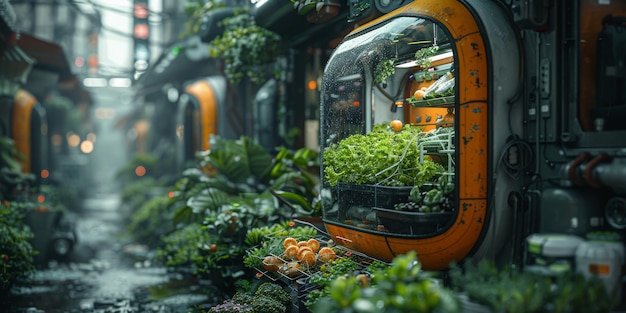 Free photo a futuristic city greenhouse filled with thriving plants and greenery