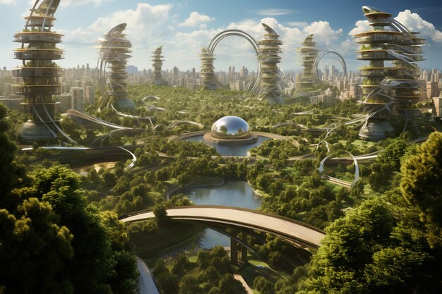 Futuristic environmentally friendly city with green spaces