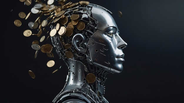 Free photo futuristic robot interacting with money