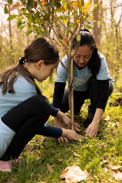 Free photo girl and her mother take action to plant a tree in the woods