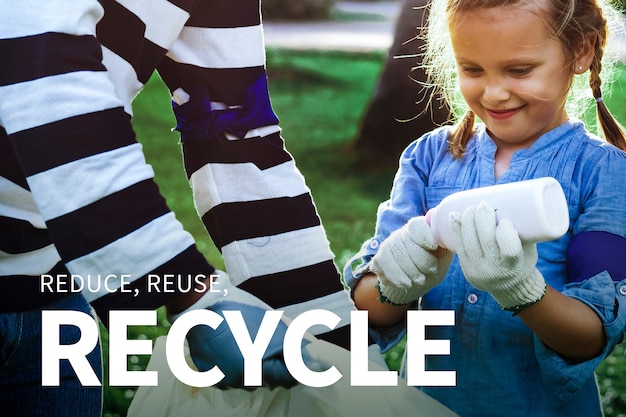 Free photo girl sorting garbage with reduce, reuse and recycle text for environment banner