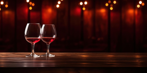 Free photo a glass of red wine stands out against a warmly lit wooden bar