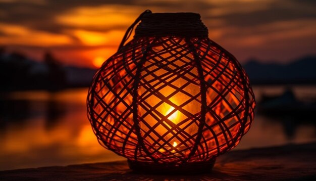 Free photo glowing lantern illuminates winter wood table decoration generated by ai