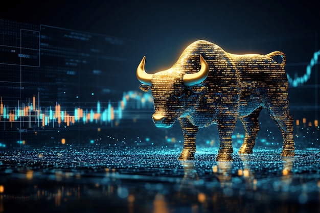 Free Photo gold bull on backgrounds of graphics and elements related to the financial sector