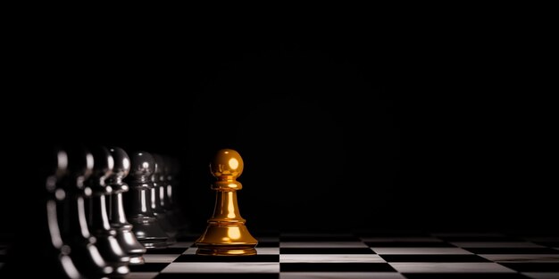 Golden pawn chess move out from line for different thinking and leading change Disruption and unique concept by 3d render