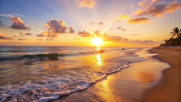 Free photo golden sunset over a tropical beach with palm trees