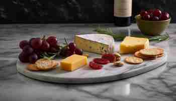 Free photo gourmet cheese plate with fresh fruit and wine generated by ai