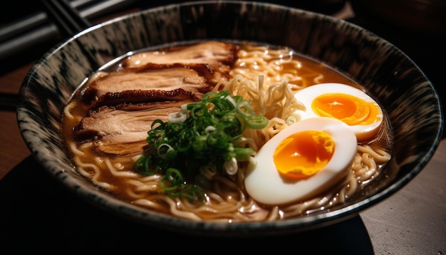 Foto gratuita ramen gourmet con carne di maiale e zuppa di verdure generata dall'intelligenza artificiale