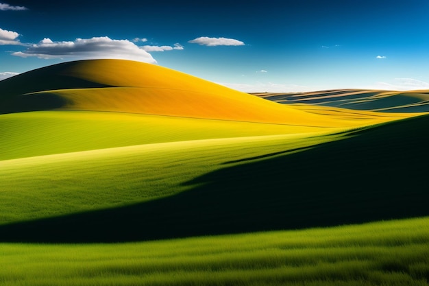 Foto gratuita una collina verde con un cielo blu e il sole splende all'orizzonte.