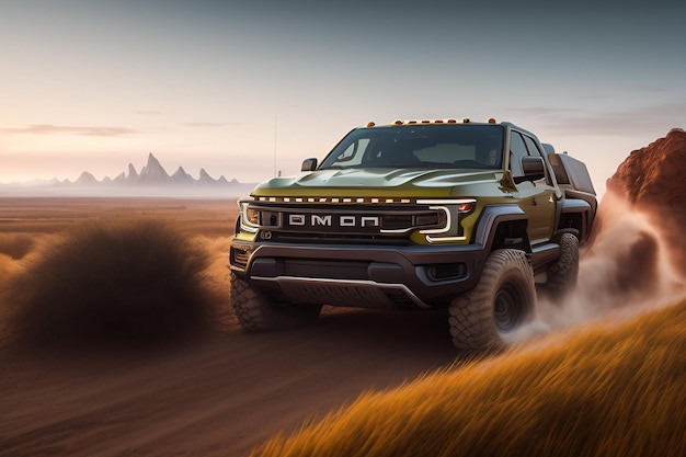 Free photo a green jeep pickup truck drives through a desert landscape.