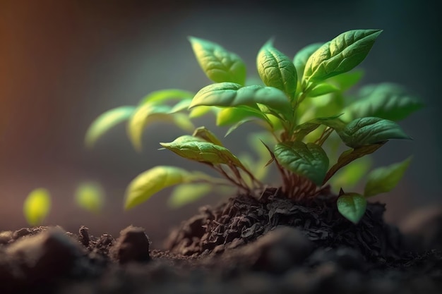 Free photo green sprouts growing from soil on a dark background ecology concept