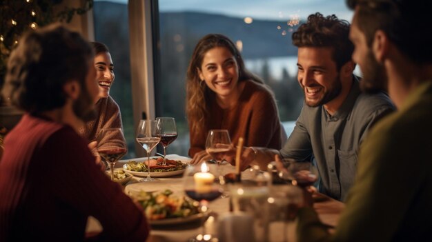 A group of friends in laughter and conversation around the party table