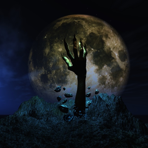  halloween background with zombie hand erupting out of the ground