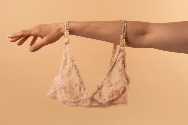 Free photo hand holding female lingerie still life