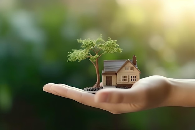 Free photo a hand holding a small house with a tree growing out of it