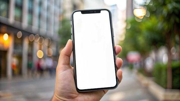 Free Photo hand holding a smartphone with blank screen on blurred background