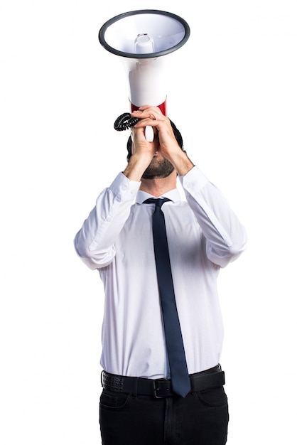 Free Photo handsome telemarketer man shouting by megaphone