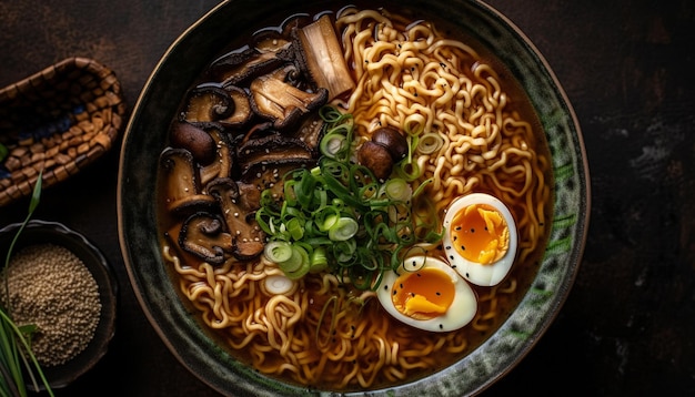 Foto gratuita tagliatelle di ramen di maiale gourmet salutari in zuppa generate dall'intelligenza artificiale